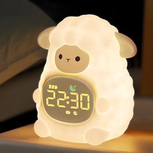 Sheep Alarm Clock with Night Light for Kids with Sleep Training and Sound Machine, Rechargeable Silicone Lamp OK to Wake Clock,Cute Animal Tabletop Lamp, Perfect Sleep Companion for Boys Girls, Khaki