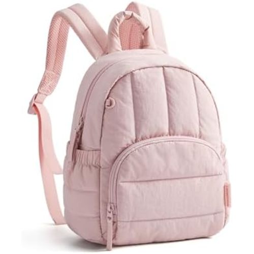 BAGSMART Mini Backpack for Women, Lightweight Puffer Small Backpack Purse, Quilted Casual Travel Daypack, Cute Water-Resistant Bookbag for Daily, Pink
