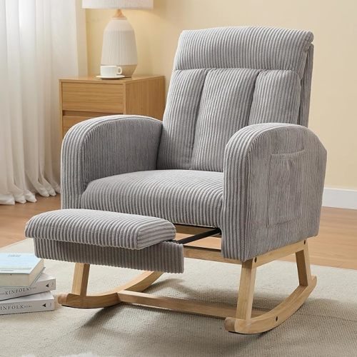 Nursery Rocking Chair, Corduroy Upholstered Rocking Chair with Adjustable Footrest, Tufted Rocker Chair with Side Pocket, Glider Rocker for Living Room, Bedroom (Grey Comfy)