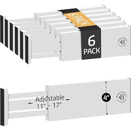 6 Pack Drawer Dividers 4 Inch High, 11”-17" Adjustable Bamboo Organizers Large Expandable Drawer Separators for Cloths, Dresser, Bedroom, Bathroom, Baby Drawer, Office & Kitchen Utensils (White)