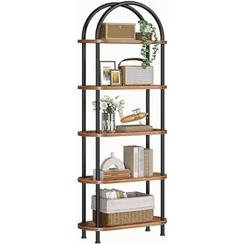 HOOBRO 5 Tier Open Bookshelf, Industrial Arched Bookcase Display Shelf Rack, Wooden Bookcase Storage Shelf Metal Frame, Tall Storage Organizer for Home, Easy Assembly, Rustic Brown BF176SJ01
