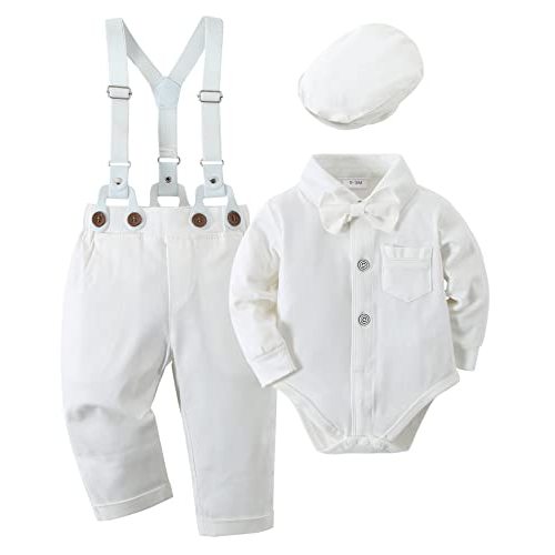 YALLET Baby Boy Clothes Set Infant Tuxedo Long Sleeve Gentleman Suit Outfits + Beret Hat + Suspender Pants + Bowtie 0-18M