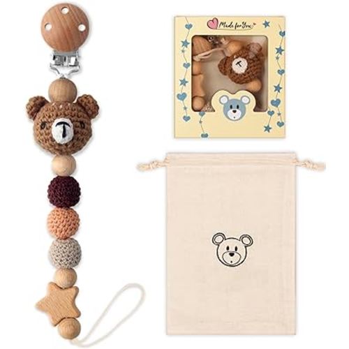 Pacifier Clip, Cute Animal Pacifier Holder Clip for Boys and Girls, Most Pacifiers, Baby Teethers, Baby Shower and Baby Essentials(Bear)