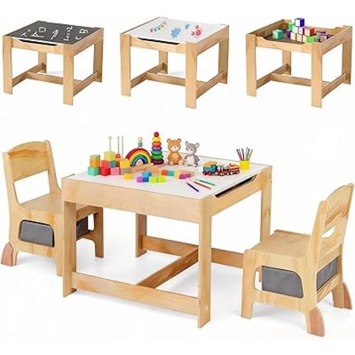 Costzon Kids Table and Chairs, 3 in 1 Wooden Activity Toddler Desk w/Blackboard & Storage Drawers for Art & Craft, Snack Time, Homework, Toddler Table and Chair Set for Nursery, Home, Playroom (Gray)