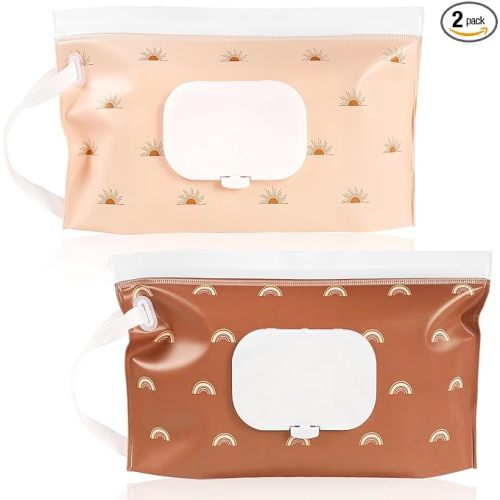FEBSNOW 2 Pack Baby Wipe Dispenser, Reusable Portable Travel Wipe Holder | Travel Wet Wipes Pouch, EVA Material, Zip Locking Seal and Secure Snap Close Lid, Easy Refill and Dispensing, With Wrist Loop