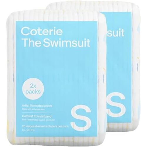 Coterie Baby Swim Diapers, Size Small (14-26 lbs), 2-Pack (40 Total Diapers) | Disposable Water Diapers for Pool & Beach | Hypoallergenic, Plant-Based, No-Swell Design for Sensitive Skin