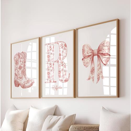 Blush Pink Chinoiserie Wall Art – Personalized Name Prints – Coquette Bow & Boot – Digital Download