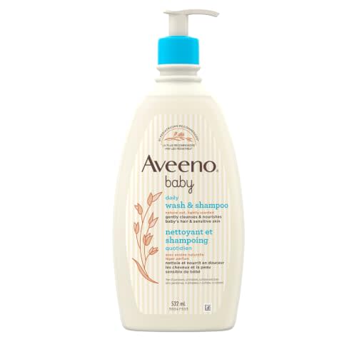 Aveeno Baby Daily Moisture Wash & Shampoo, Tear-Free, 18 fl. oz | 2-in-1 Baby Wash and Hair Shampoo with Oat Extract, for Sensitive Skin and Hair, No Added Parabens