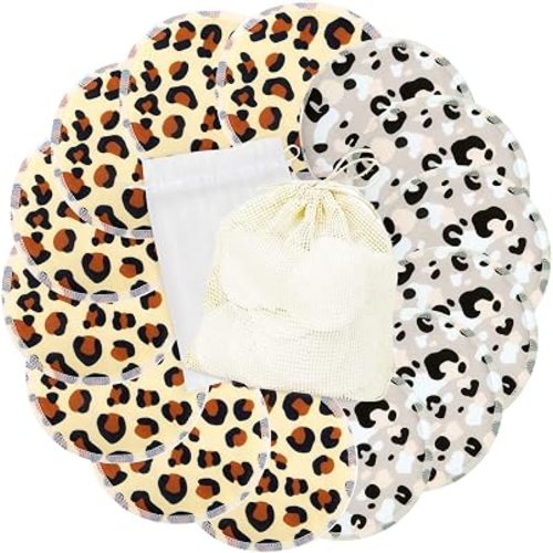 wegreeco Nursing Breast Pads (14 Pack) + Laundry Bag & Travel Storage Bag, 4.7 inch Option - Washable & Reusable Breastfeeding Nursing Pads (Cheetah Print, Large, Plain Shape)