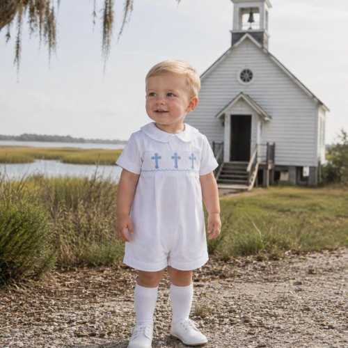Cross Smocked Shortall in White with Blue Crosses - Baby Boy, Baptism, Easter outfit,  Christening, Heirloom outfit, Vintage Style 588 *A