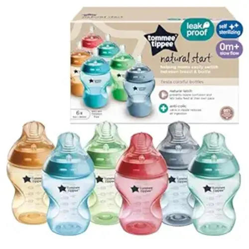 Tommee Tippee Natural Start Anti-Colic 9 oz BPA Free Baby Bottles, 0+ Months, Slow Flow Breast-Like Nipple, Self Sterilizing, Designed for Seamless Transition Between Bottle & Breast, Fiesta,Pack of 6