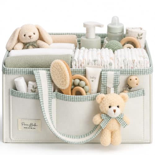 PeraBella Diaper Caddy Organizer with Handle, Baby Shower Gifts Basket Bag, Registry Search Must Haves Items, Nursery Storage Organizer for Newborn Girl Boy, Baby Bag Essentials, Car Diaper Caddy Cart