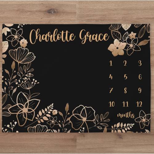 Gold Flowers Milestone Blanket Personalized Baby Girl Month Blanket Floral Nursery Custom Newborn Growth Tracker New Mom Baby Shower Gift