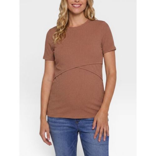 Women's Crew Neck Cross Over Nursing Maternity Short Sleeve Top - Mocha Mousse - Size: Medium - Motherhood Maternity
