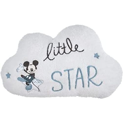Disney Mickey Mouse White and Blue Sherpa Embroidered Little Star Cloud Shaped Decorative Throw Pillow