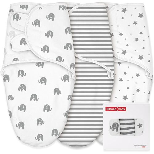 GLLQUEN BABY Swaddles for Newborns Organic Cotton, Soft Baby Swaddles 0-3 Months, Womb-Like Sleep Sack Wrap Nursery Swaddling Blankets Elephant & Star & Stripes