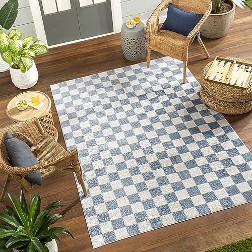 Mark&Day Washable Rugs, 5x7 Shaquina Modern Pale Blue Checkered Rug, Blue Ivory Carpet for Living Room, Bedroom or Kitchen (5'3" x 7', Machine Washable)