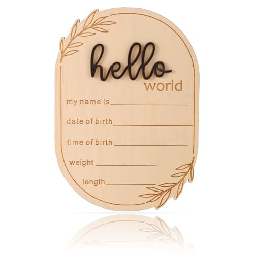 Gosknor Baby Announcement Sign, Wooden Hello World Newborn Welcome Sign Name Plaque Personalized Birth Announcement Board for Hospital Photo Props Baby Shower Nursery Decor (Black)