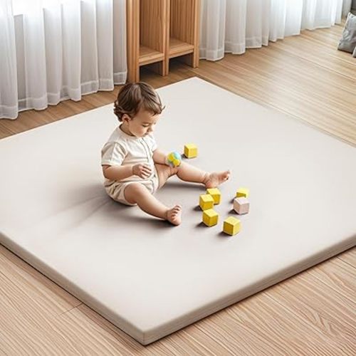 Padded Baby Play Mat for Floor: 48x48 Extra Thicker Soft Non Toxic Vegan Leather Infant Playmat for Babies Toddlers Kids Crawling Sit Play - Fits Nicely Into 47x47and 50x50 Playpen Any Playroom