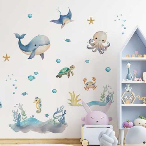 Children's Room Wall Sticker Cute Marine Animal Wall Stickers Whale Turtle Vinyl Decals Nursery Kids’ Room Boys Girls Bedroom Home Decor