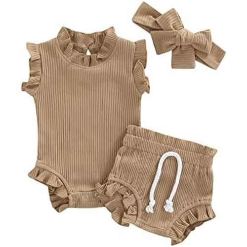 Baby Girl 3Pcs Summer Clothes Sets Infant Girl Rib Sleeveless Romper and Drawstring Ruffle Short Set Solid Color Outfits