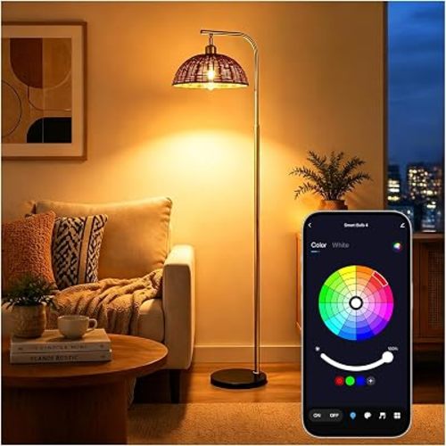 Rattan Floor Lamp 65 Inch with Smart Dimmable Bulb Boho Standing Lamp