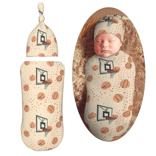 Muishi Basketball Hoop and Basketballs Newborn Swaddle Blankets Hat Sets Soft Baby Receiving Blanket Swaddle Sack for Baby Shower Infant Boy Girl Gift