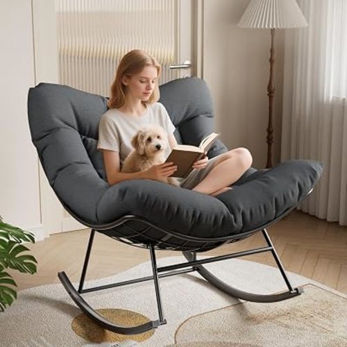 Garvee Outdoor Papasan Rocking Chair, Oversized Rocking Chair with Sturdy Metal Frame, Patio Egg Rocker for Balcony Backyard Porch Bedroom (Grey)