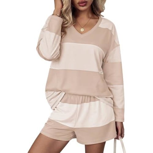 Ekouaer Two Piece Sets for Women Fall Lounge Sets Long Sleeve Shorts Set