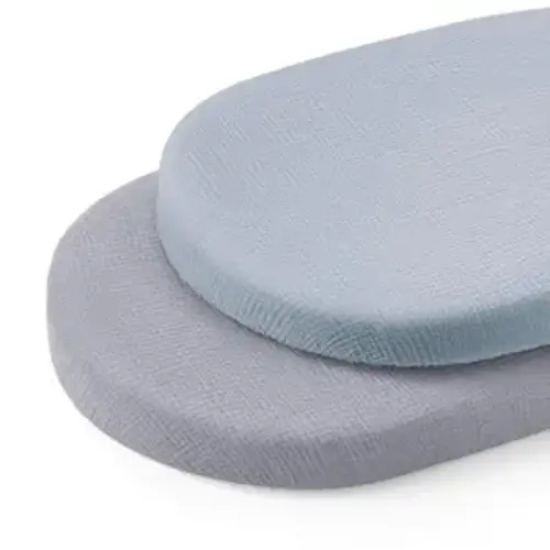 Blissful Diary Muslin Bassinet Sheets, 2 Pack, Light Blue & Grey | fitted for bassinet mattress, soft and breathable cotton, boho style, easy care for machine wash, gift for boy and girl