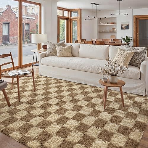 Checkered Rug 5x7 for Living Room, Brown Modern Shag Rug Super Soft Washable Indoor Fuzzy Carpet Non-Slip Fluffy Rugs for Bedroom Home Aesthetic Decor