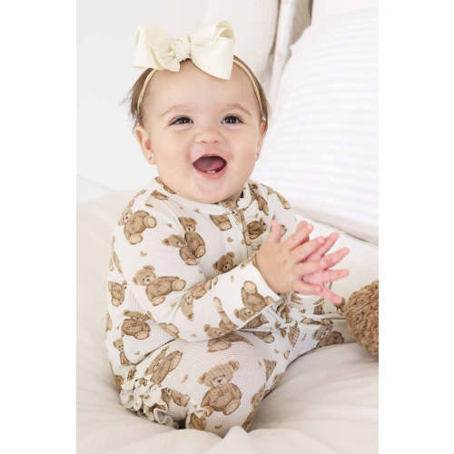 Beary Sweet Bamboo Waffle Zipper Ruffle One-Piece Footie | Caden Lane