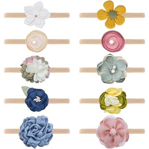 DRESHOW BQUBO Baby Girl Headbands with Flower Nylon Hairbands Handmade Hair Accessories for Newborn Infant Toddlers 10 Pack