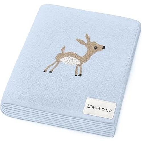 Bleu La La Knit Baby Swaddle Blanket - 100% Cotton Soft Cozy Receiving Swaddle Stroller Blanket for Shower Gift Registry for Newborns, Infants, Toddlers (Deer - Blue)