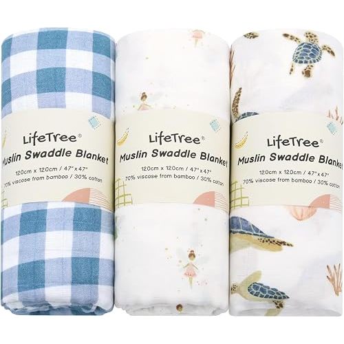 LifeTree 3 Packs Baby Swaddle Blankets, Newborn Muslin Swaddling Wrap Receiving Blanket for Boys & Girls, 70% Viscose from Bamboo and 30% Cotton, Large 47" x 47", Blue Sea Turtle