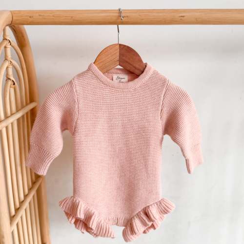 Long Sleeve Frill Leg Knit Romper - Pink Lemonade