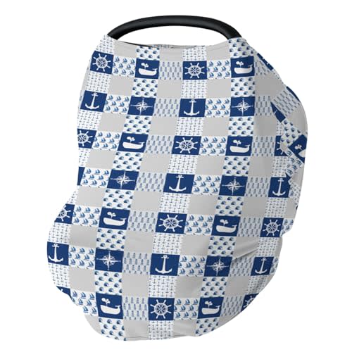 Coastal Compass Anchors Lighthouse Ship Baby Car Seat Covers Nautical Marine Whale Stretchy 5-in-1 Cover Adjustable Infant Carseat Canopy Cover Sailing Adventure Breathable Nursing Cover-Up