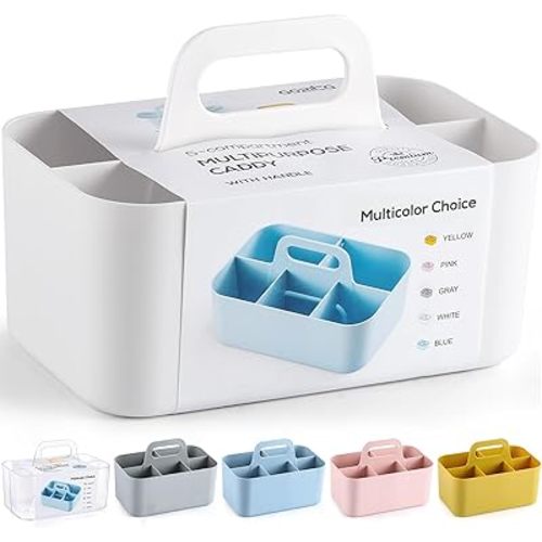 Multiuse Caddy Organizer with Handle - Stackable Plastic Tote Bin - Art Craft Supplies, Office, Desk, Stationery Pen Holder, Kitchen, Utensil, Makeup, Bathroom, Shower, Cleaning, Dorm Organizer -White