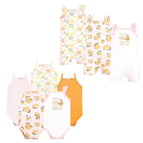 Hudson Baby Infant Girl Cotton Bodysuits and Rompers, 8-Piece, Citrus Orange
