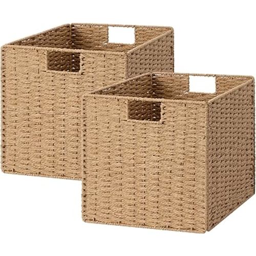 StorageWorks 13 inch Wicker Storage Baskets, Foldable Handwoven Wicker Basket for Organizing, Natural Paper Rope Square Storage Cubes, 2 Pack