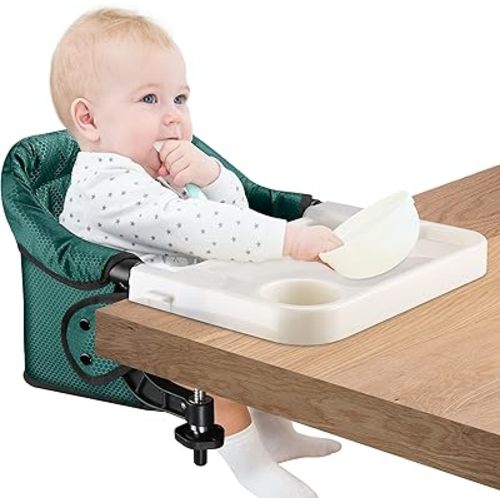 Hook On Chair with Removable Dining Tray, Portable Table High Chair, Folding Compact Baby Seat with Storage Bag for Indoor/Outdoor,Dark Green