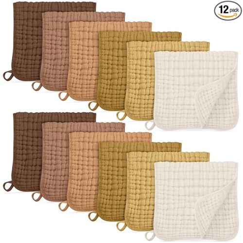 Unnivoll Muslin Burp Cloths for Baby 100% Cotton Burping Cloths for Boys Girls Large 20''X10'' Extra Soft and Absorbent 12 Pack - Gradient Brown