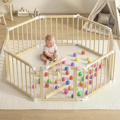 47x47 Wooden Baby Playpen Foldable - Pre-Assembled Portable Wood Play Yard with Safety Gate & Anti-Slip Pads - Small Space Saving Baby Fence Activity Center for Infants & Toddlers