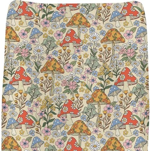 Cottagecore Mushrooms Flowers Baby Changing Pad Covers for Boy Girl Mushroom Boho Floral Fitted Changing Table Cover Mats Retro Colorful Mushroom Soft Diaper Change Table Cover Sheets 32''×16''