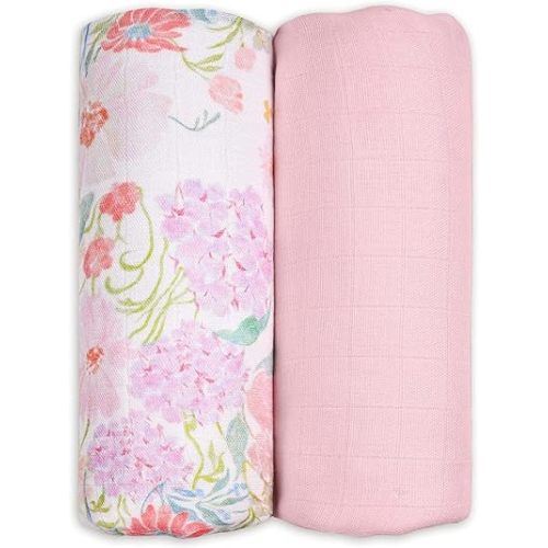 GLLQUEN BABY Muslin Swaddle Blankets Breathable Receiving Blankets (35" x 40") 2-Pack Soft Baby Blankets for Girls and Boys Newborn Essentials Muslin Burp Cloths Swaddle Wrap Baby Gift(Floral Dream)