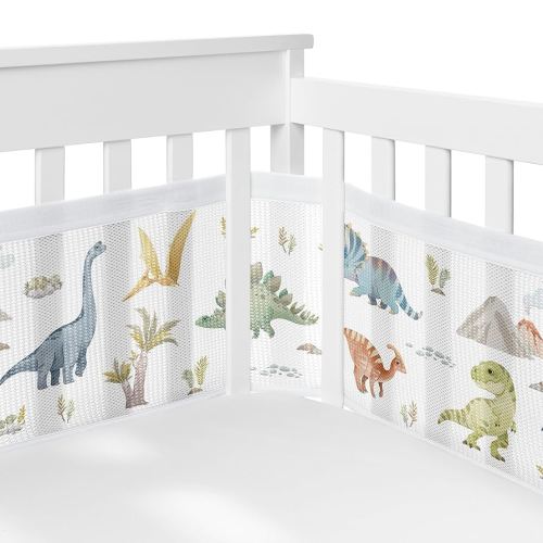 Sweet Jojo Designs + BreathableBaby Watercolor Dinosaur Dino Boy Breathable Mesh Crib Liner Baby and Infant Green Blue White Modern Dinosaurs Jurassic Nature Animal Mustard Yellow Orange