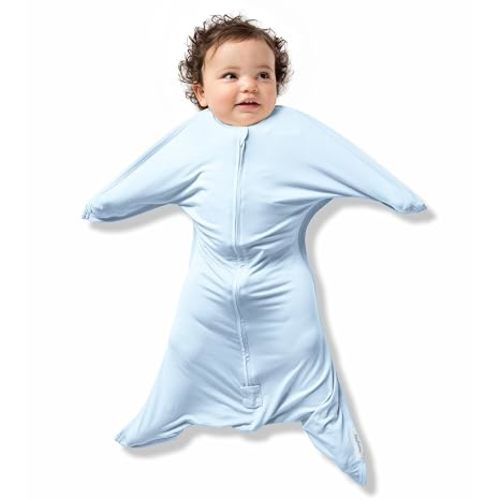 SleepingBaby Bamboo Zipadee-Zip Transition Swaddle - EverSoft Starfish Design Breathable Wearable Blanket with Two-Way Zipper, Medium (6-12 Months), Sky Blue