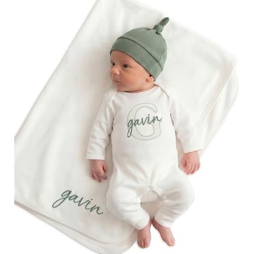 Linkababy Personalized Baby Boy Coming Home Outfit, 100% Cotton Embroidered Romper, Hat, Blanket, Baby Showers, Newborn 0-3M