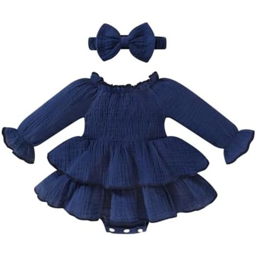 Happy Town Baby Girl Romper Cute Infant Girls Cotton Clothes Long Sleeve Dress with Headband Fall Winter Outfits