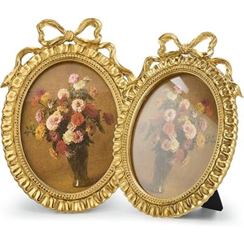 Chunful 1 Pcs Vintage Gold Bow Picture Frames 5x7 Inch Oval Antique Photo Frames Ornate Baroque Resin with Glass Front for Home Tabletop Display Wedding Gallery Wall Hanging Party Decor